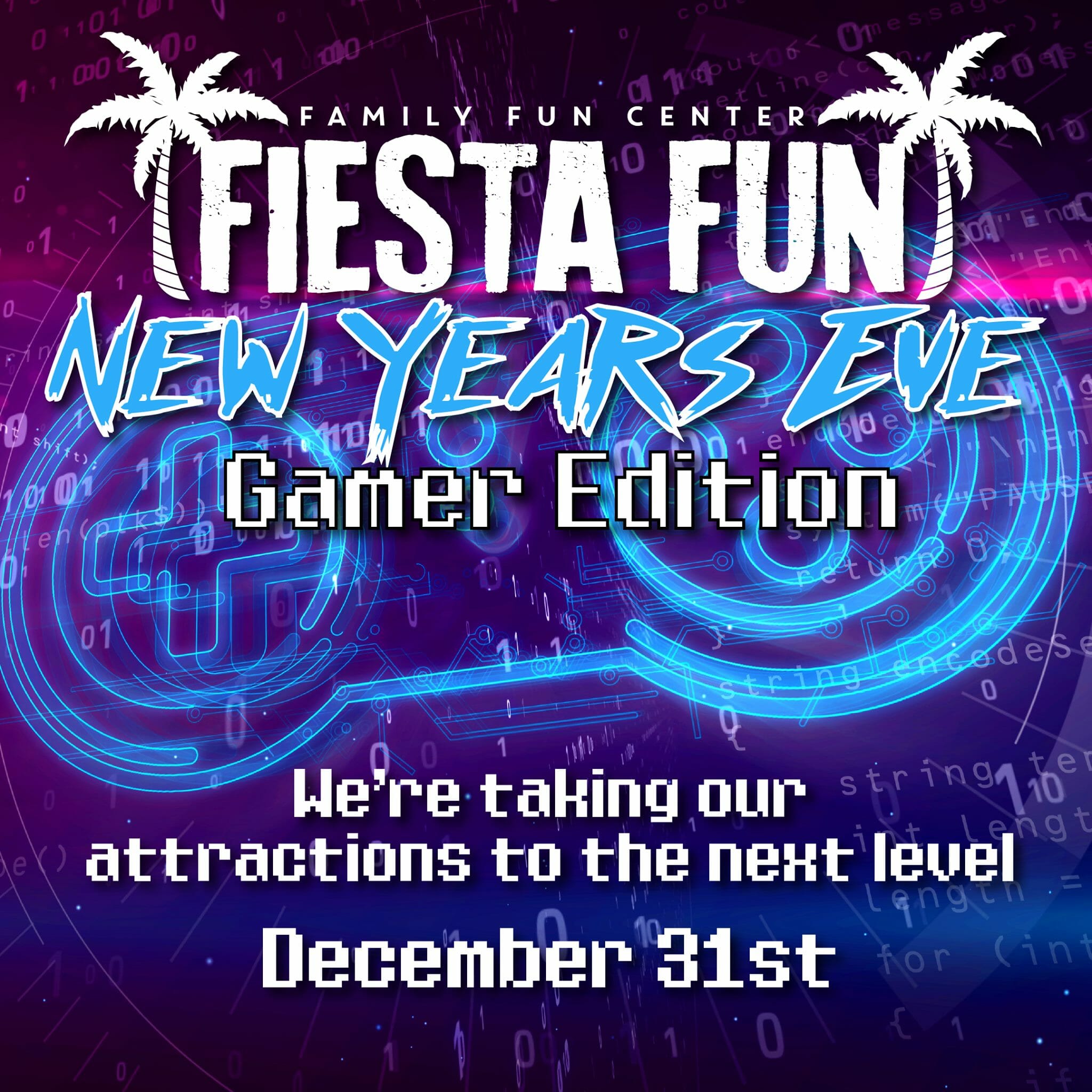 Blue and purple flyer with white font