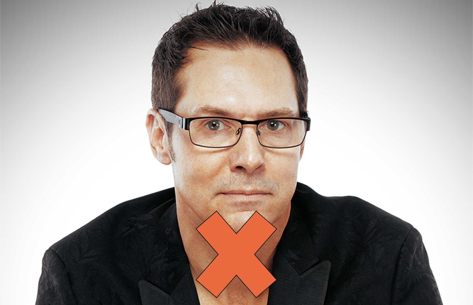 man with orange x